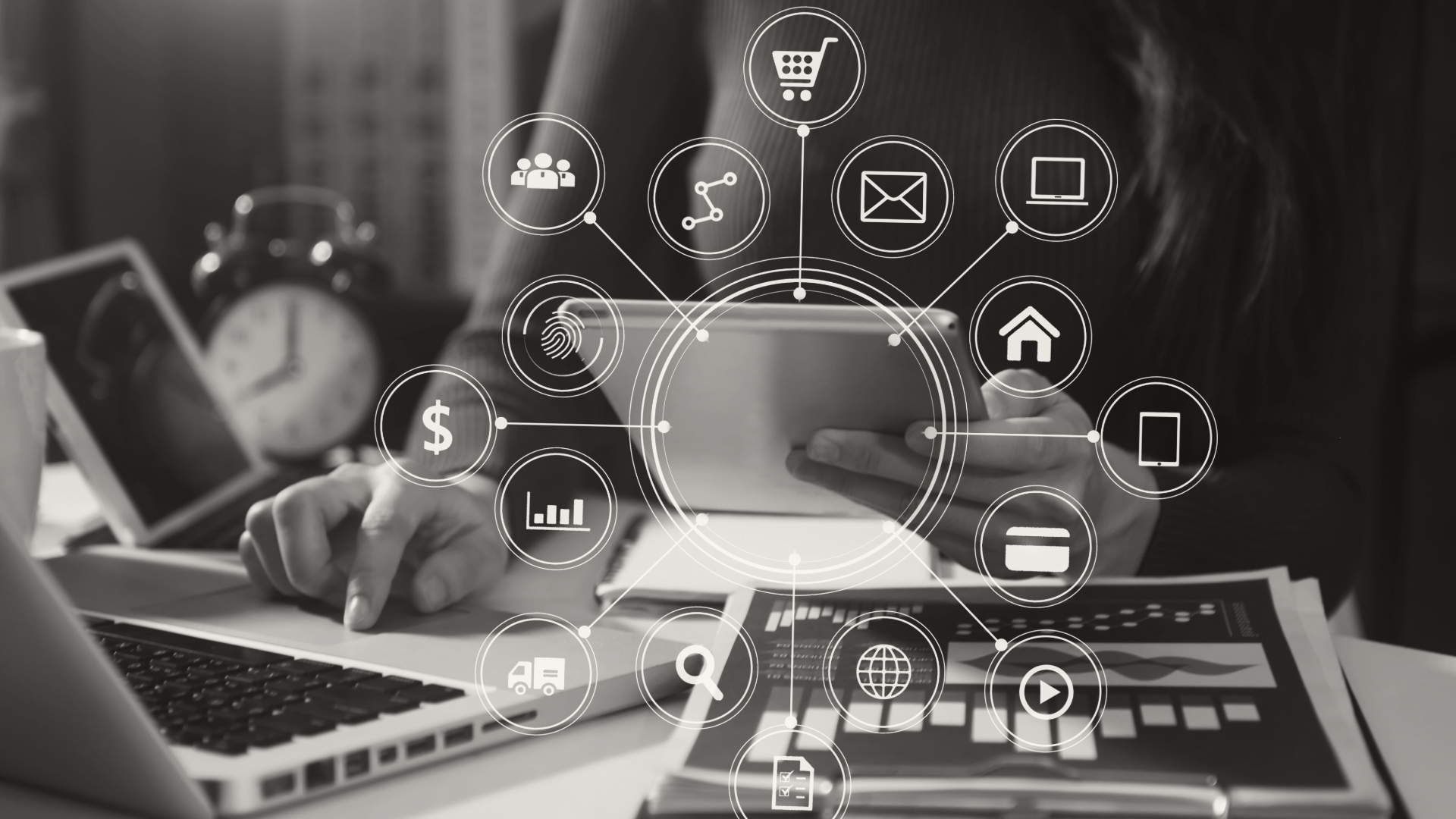 digital marketing professional analyzing a cohesive dermatology marketing strategy on a tablet and laptop, featuring icons for SEO, email, and data analytics.